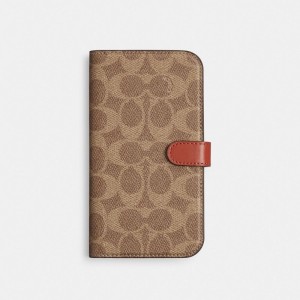 Bolsa de Viagem Coach Iphone 15 Folio In Signature Canvas Feminino Bege | JPQHENI-45