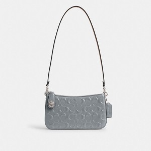 Bolsas De Ombro Coach Penn Shoulder Bag In Signature Leather Feminino Prateadas Cinzentas Azuis | YNRDIGP-73