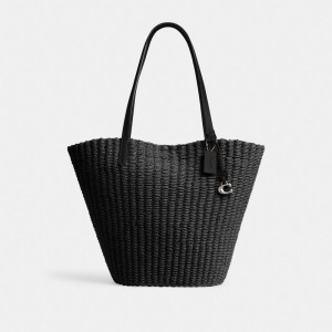 Bolsas Tote Coach Straw Tote Feminino Prateadas Pretas | HURFVPY-43