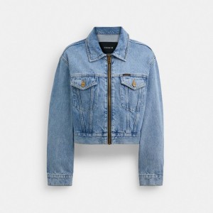 Jaquetas Coach Denim Crop Jacket In Organic Cotton Feminino Azuis | NDFJCBE-58