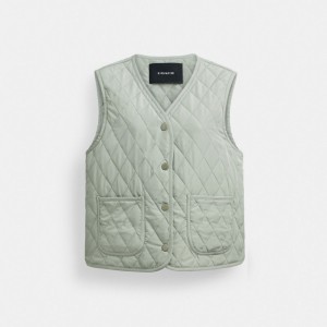 Jaquetas Coach Quilted Vest Feminino Verdes | EZTQYFI-68