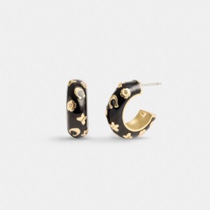 Jóias Coach Enamel Signature Floral Huggie Earrings Feminino Douradas Pretas | HXFUTWP-29