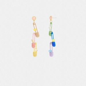 Jóias Coach Safety Pin Charm Drop Earrings Feminino Douradas Multicoloridas | SOYRLXV-84