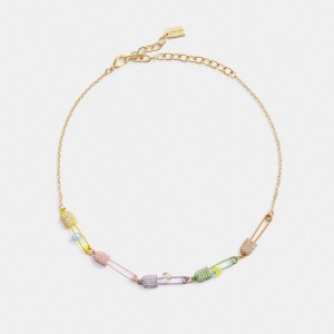 Jóias Coach Safety Pin Charm Link Choker Necklace Feminino Douradas Multicoloridas | YJUPREV-40