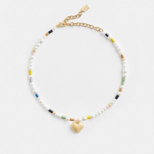 Jóias Coach Signature Heart Beaded Pearl Choker Necklace Feminino Douradas Multicoloridas | AKPWZRQ-56