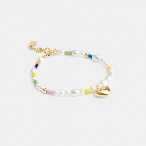 Jóias Coach Signature Heart Beaded Pearl Bracelet Feminino Douradas Multicoloridas | OBTAHXE-56