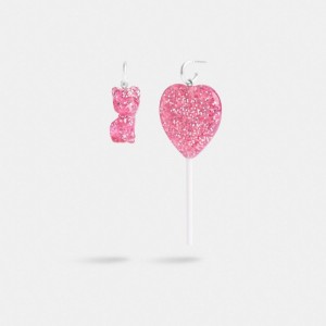 Jóias Coach The Lil Nas X Drop Cat And Heart Lollipop Mismatch Earrings Feminino Prateadas Rosa | BKOCIWG-17