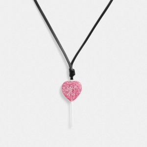 Jóias Coach The Lil Nas X Drop Heart Lollipop Necklace Feminino Prateadas Rosa | KYAFLUI-68