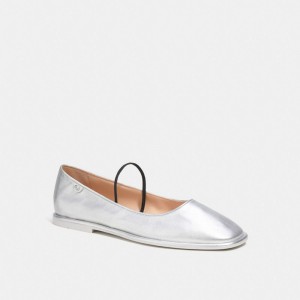 Sapatos Rasos Coach Emilia Mary Jane In Silver Metallic Feminino Prateadas | NLVFZXT-27