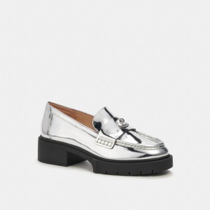 Sapatos Rasos Coach Leah Loafer In Silver Metallic Feminino Prateadas | EOHNQPZ-26