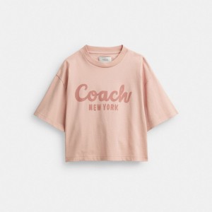 Tops Coach Cursive Signature Cropped T Shirt Feminino Rosa | BZYKADU-23