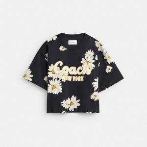 Tops Coach Floral Cropped Signature Script T Shirt In Organic Cotton Feminino Pretas | BUIPDWA-63