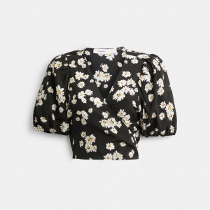 Tops Coach Floral Wrap Blouse Feminino Pretas | BFNHOUR-28