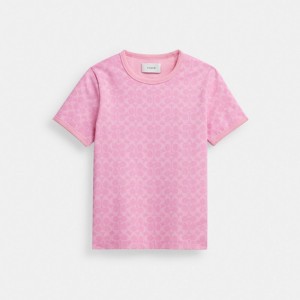 Tops Coach Signature Ringer T Shirt In Organic Cotton Feminino Rosa | ZSONHRM-91