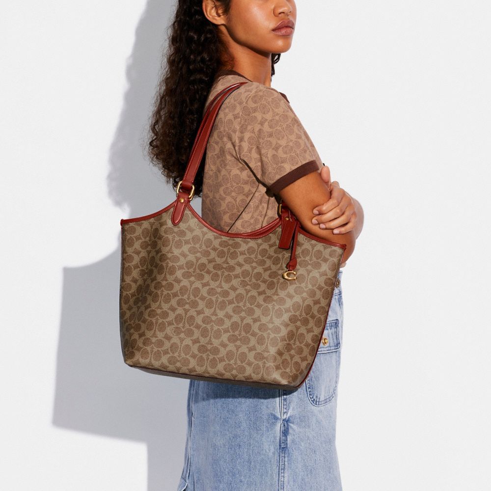 Bolsas Tote Coach Day Tote Bag In Signature Canvas Feminino Marrom Vermelhas | QAFCJZT-29