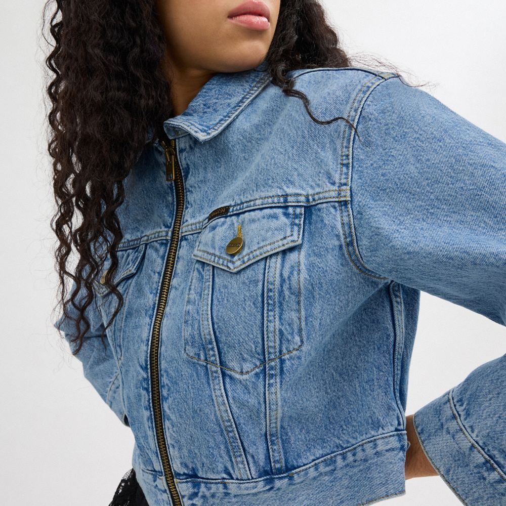 Jaquetas Coach Denim Crop Jacket In Organic Cotton Feminino Azuis | NDFJCBE-58