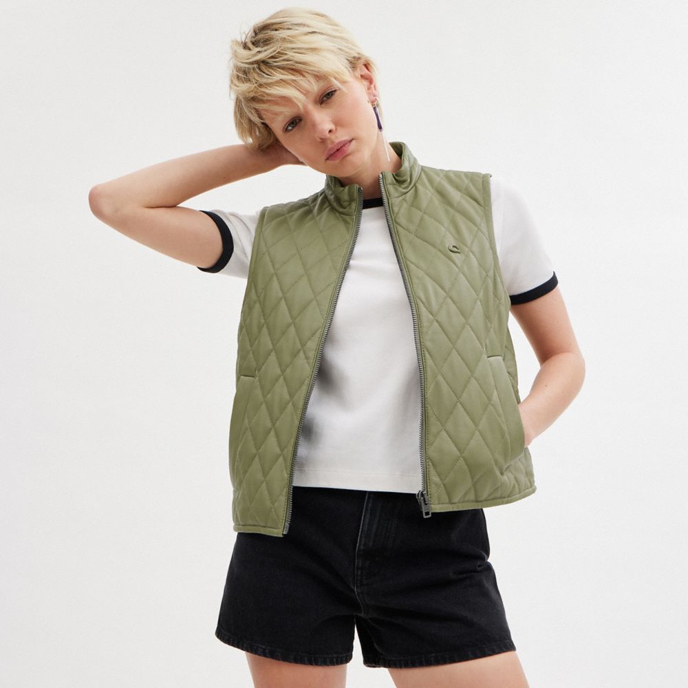 Jaquetas Coach Leather Quilted Vest Feminino Verdes | WJRHTBY-31