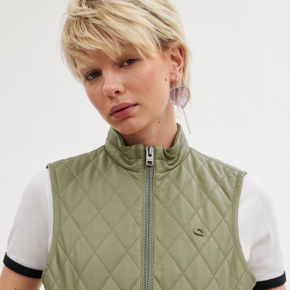 Jaquetas Coach Leather Quilted Vest Feminino Verdes | WJRHTBY-31