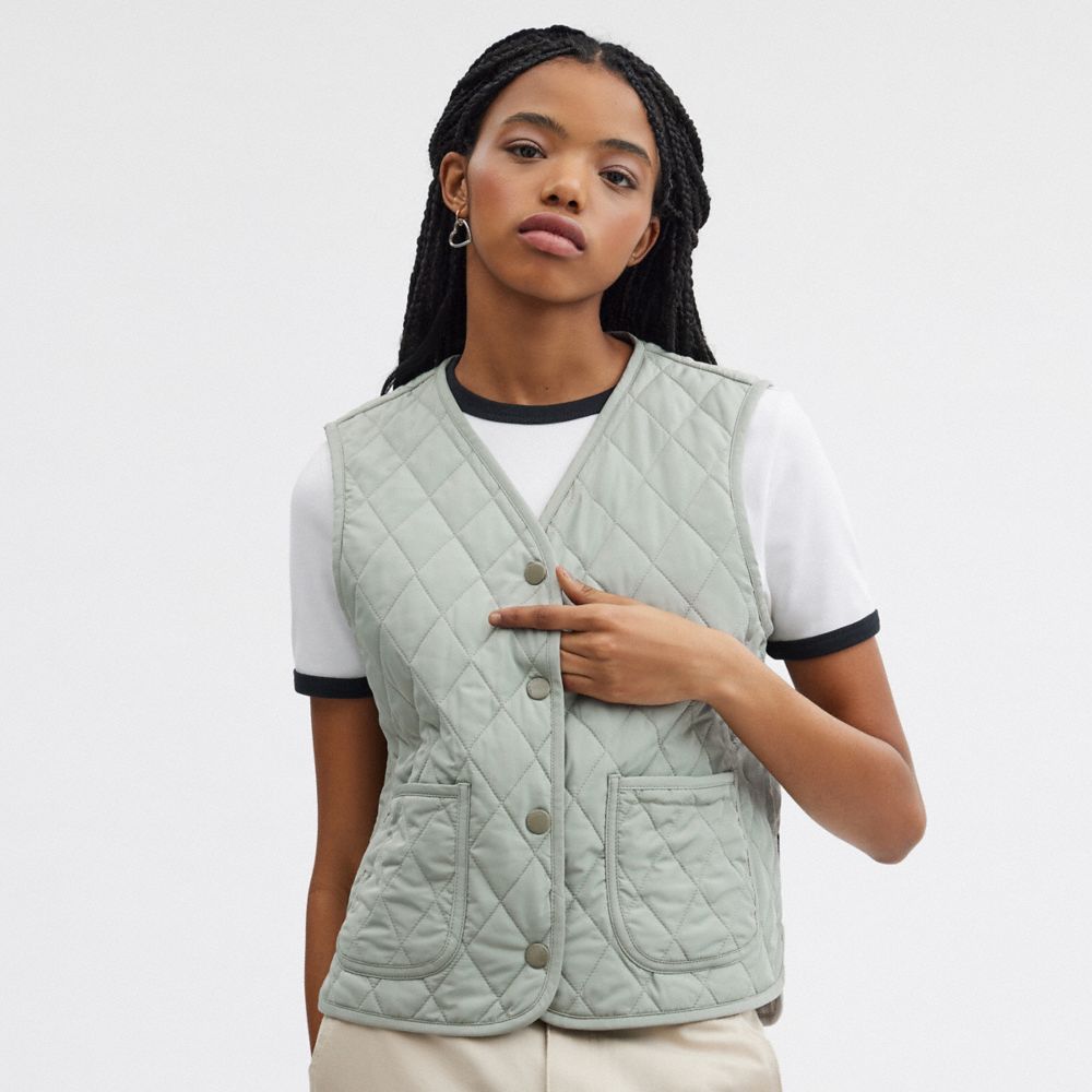 Jaquetas Coach Quilted Vest Feminino Verdes | EZTQYFI-68