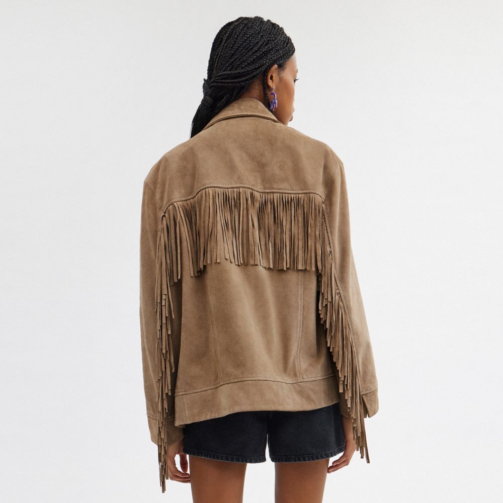 Jaquetas Coach Suede Fringe Jacket Feminino Bege Escuro | CNISXYO-52