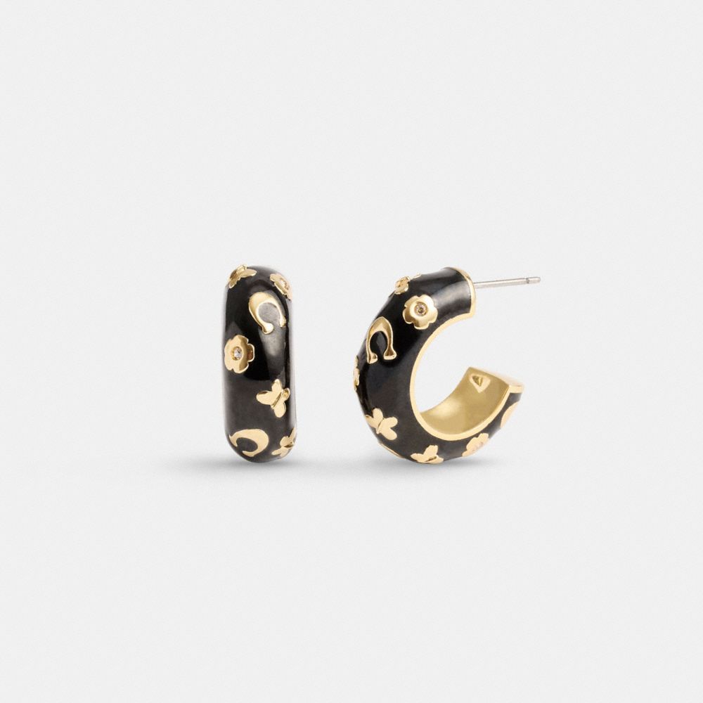 Jóias Coach Enamel Signature Floral Huggie Earrings Feminino Douradas Pretas | HXFUTWP-29