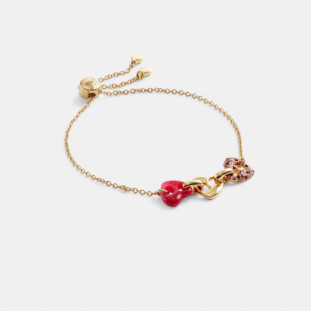 Jóias Coach Pave Hearts Chain Link Slider Bracelet Feminino Douradas Rosa Multicoloridas | RPIWULD-05