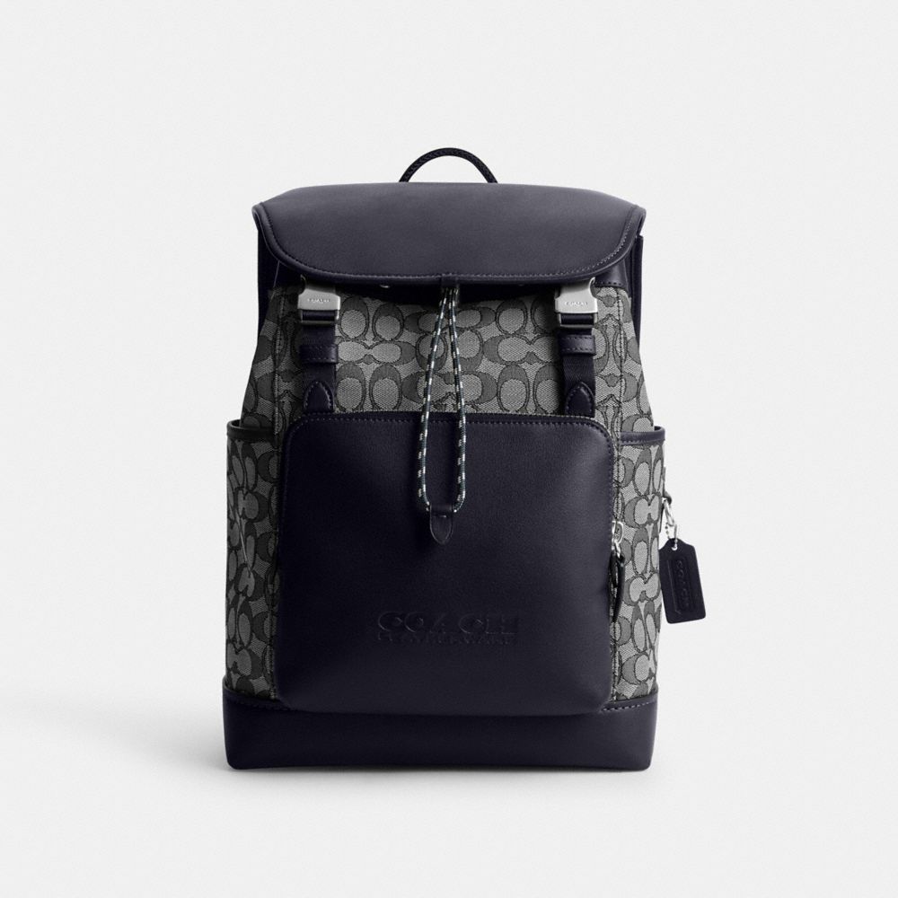 Mochilas Coach League Flap Backpack In Signature Jacquard Masculino Azul Marinho | XKYGSWH-95