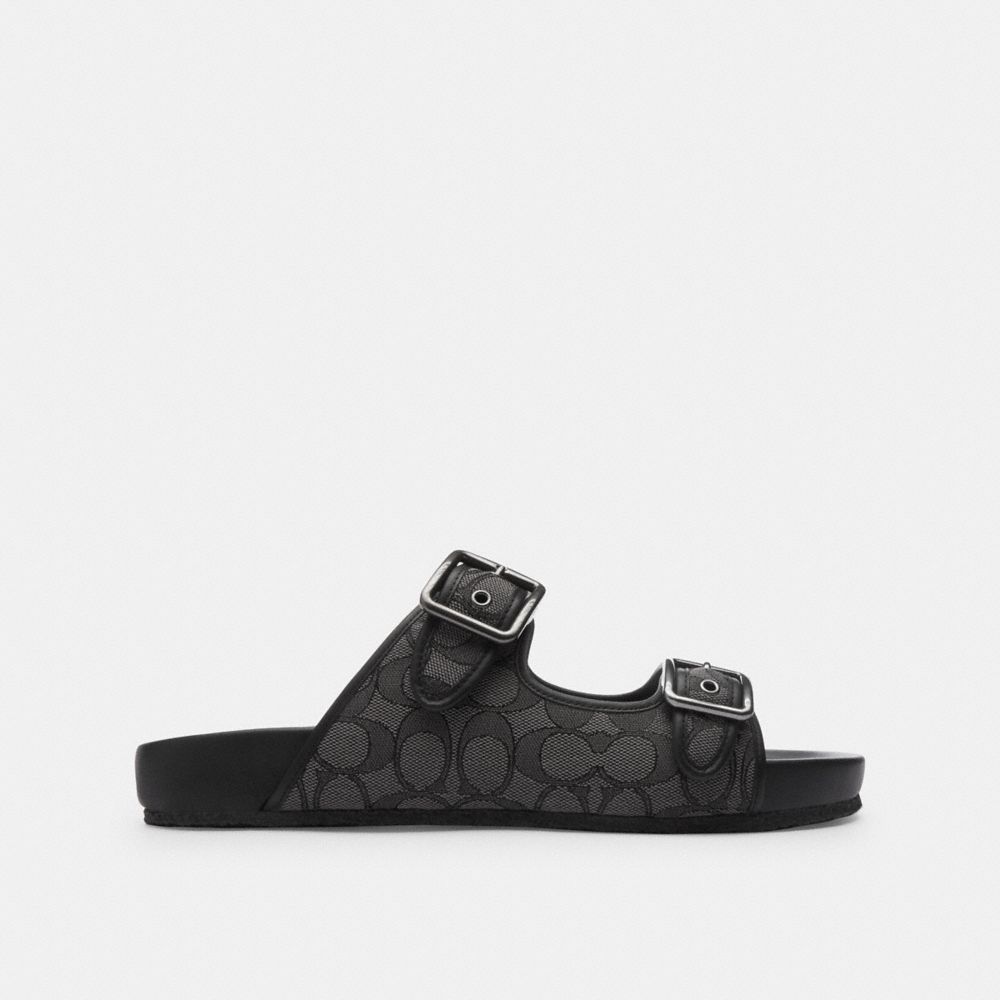 Sandálias Coach Buckle Strap Sandal In Signature Jacquard Masculino Pretas | MISFOTA-84