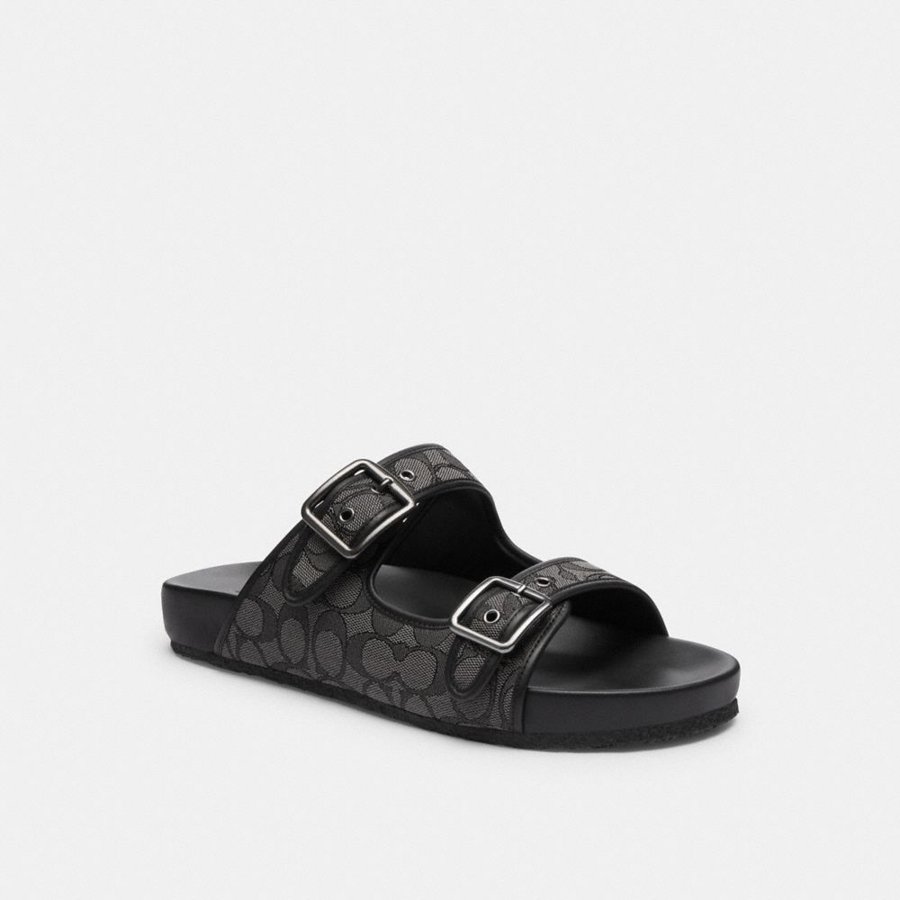 Sandálias Coach Buckle Strap Sandal In Signature Jacquard Masculino Pretas | MISFOTA-84