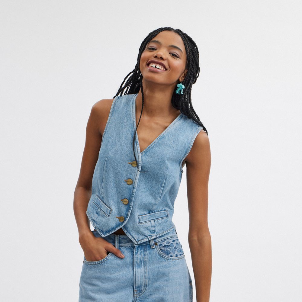 Tops Coach Denim Vest In Organic Cotton Feminino Azuis | HOGXBER-52