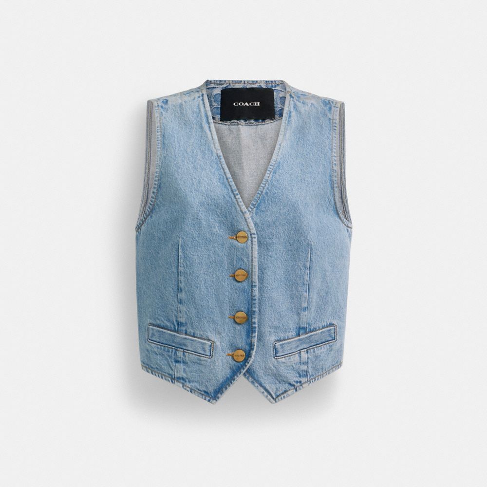 Tops Coach Denim Vest In Organic Cotton Feminino Azuis | HOGXBER-52