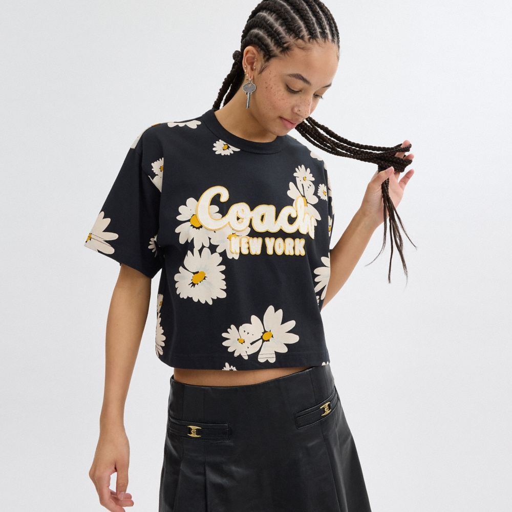 Tops Coach Floral Cropped Signature Script T Shirt In Organic Cotton Feminino Pretas | BUIPDWA-63