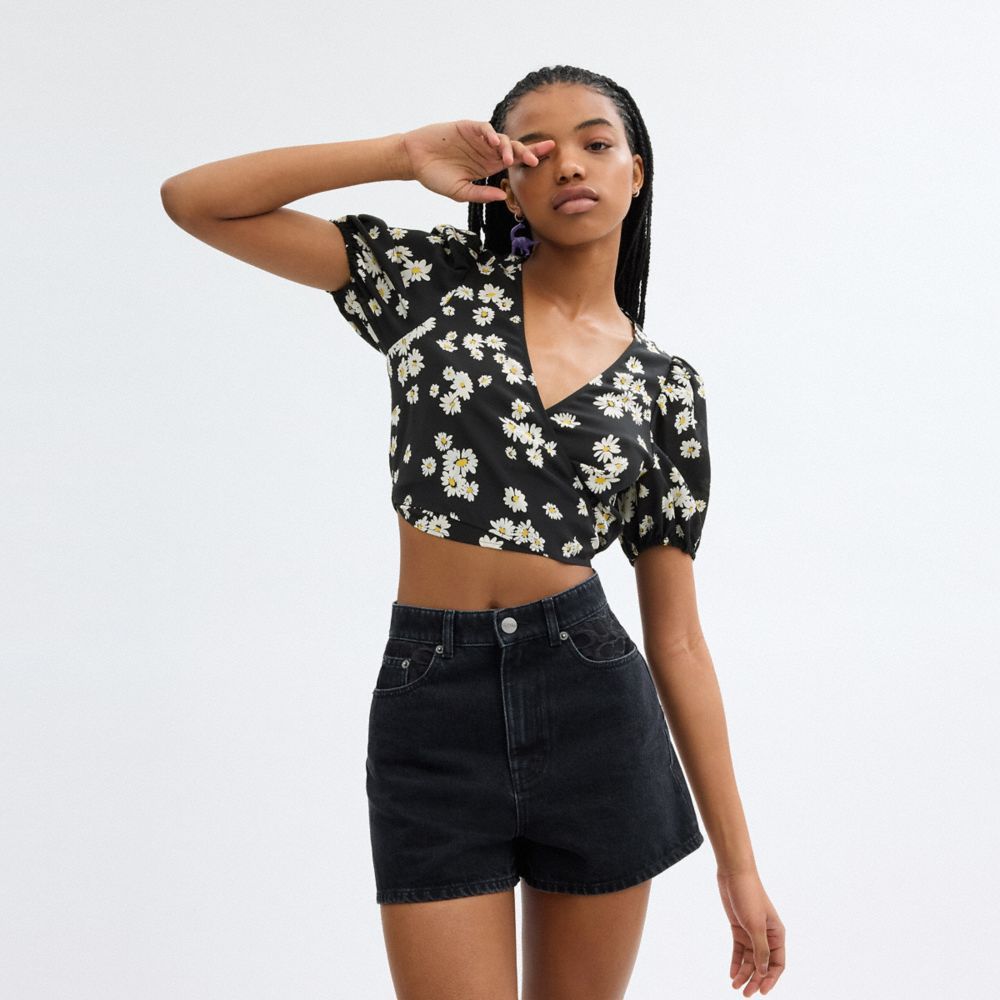 Tops Coach Floral Wrap Blouse Feminino Pretas | BFNHOUR-28