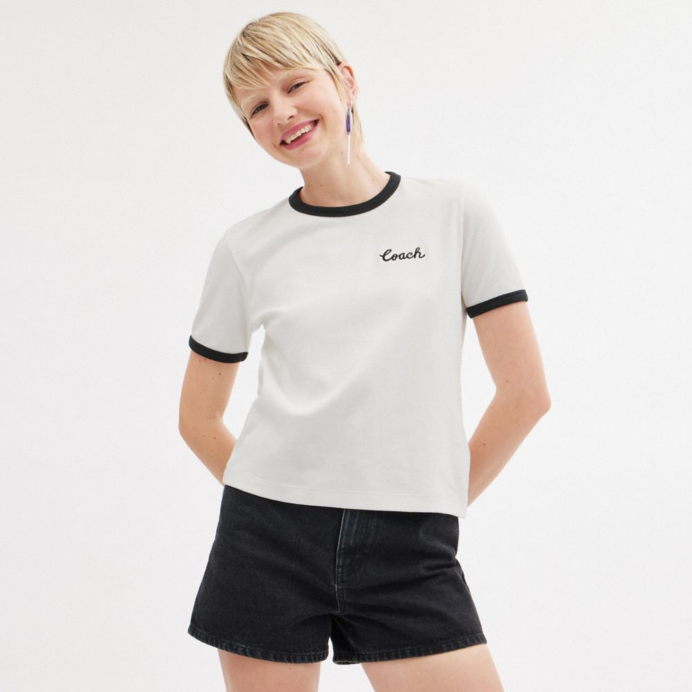 Tops Coach Ringer T Shirt Feminino Branco | KLBEPMG-61